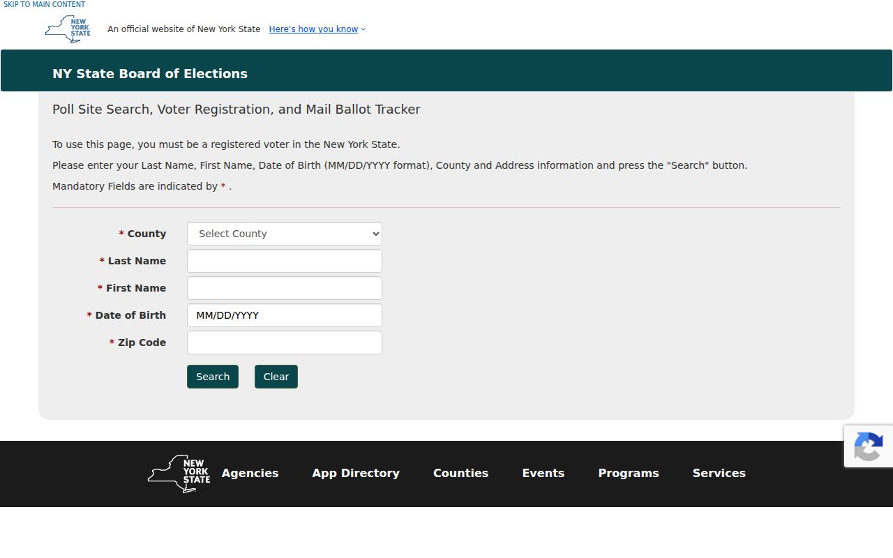 DeWitt resident lookup view of the New York voter registration form