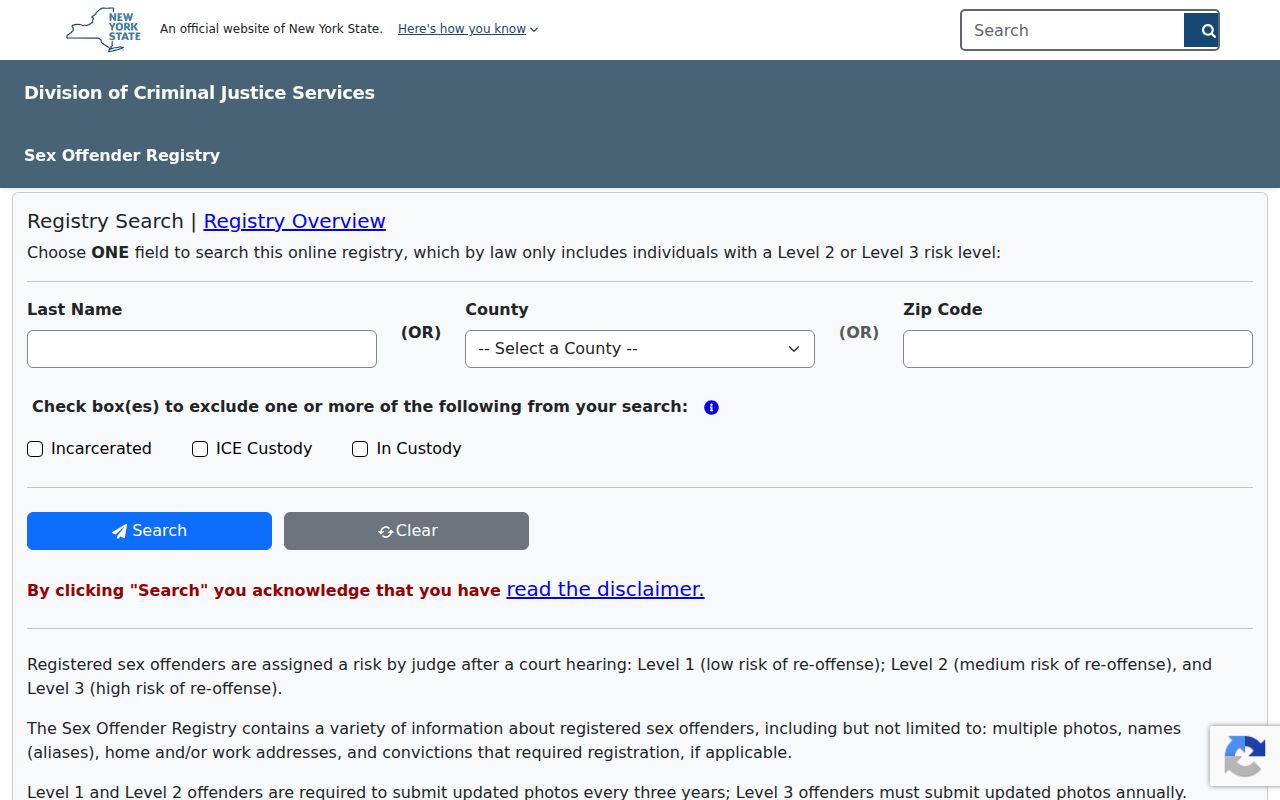DeWitt resident lookup reference to New York offender registry search options
