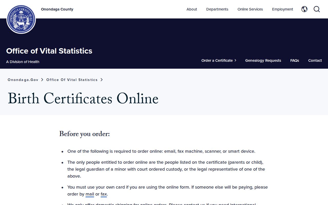 DeWitt resident lookup reference to Onondaga birth certificate application instructions